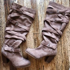 WIDE CALF Tan Strappy High Heel Boots